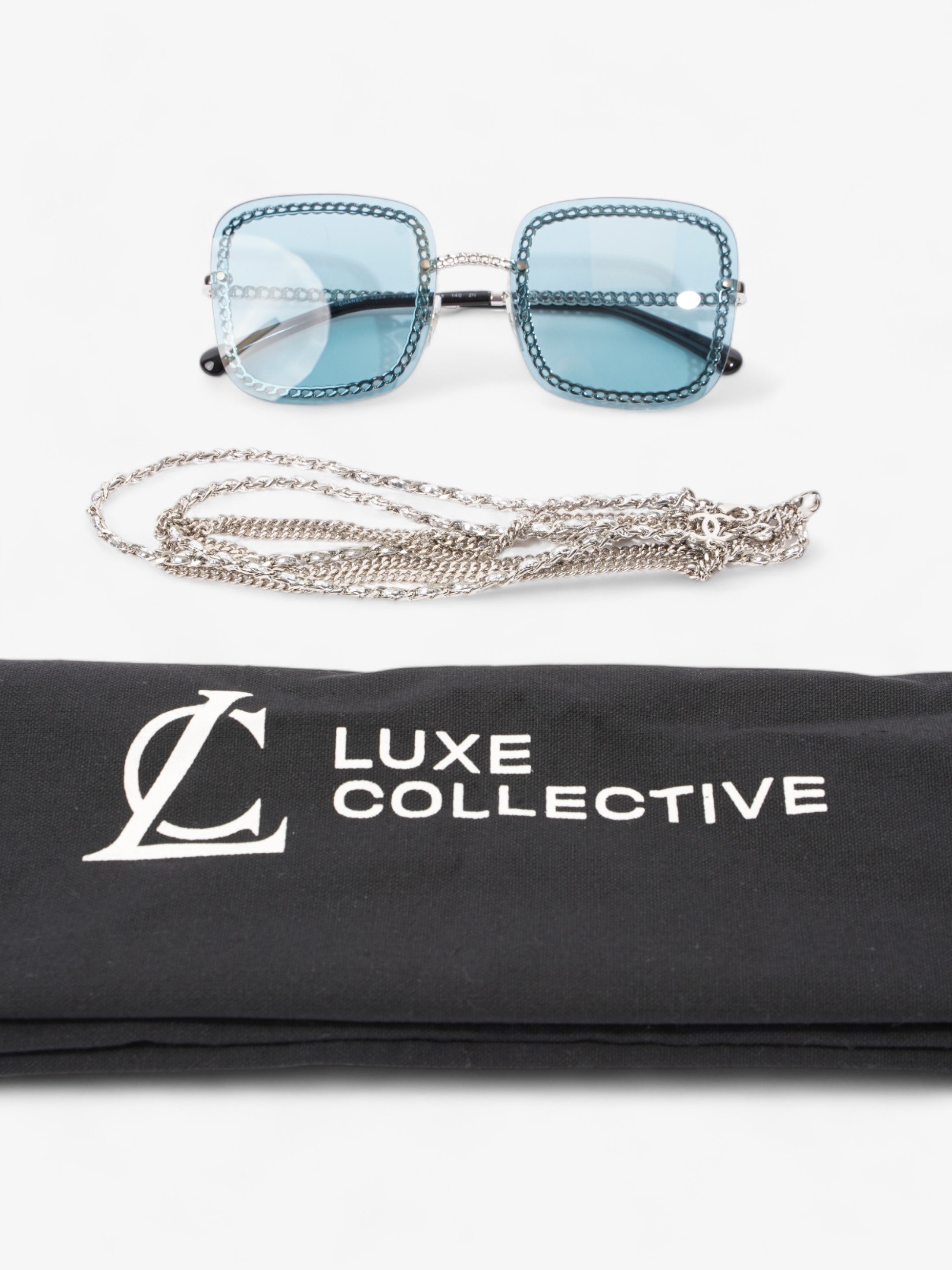Chanel Chain Detailed Sunglasses with Double Chain Blue / Silver Acetate 140mm