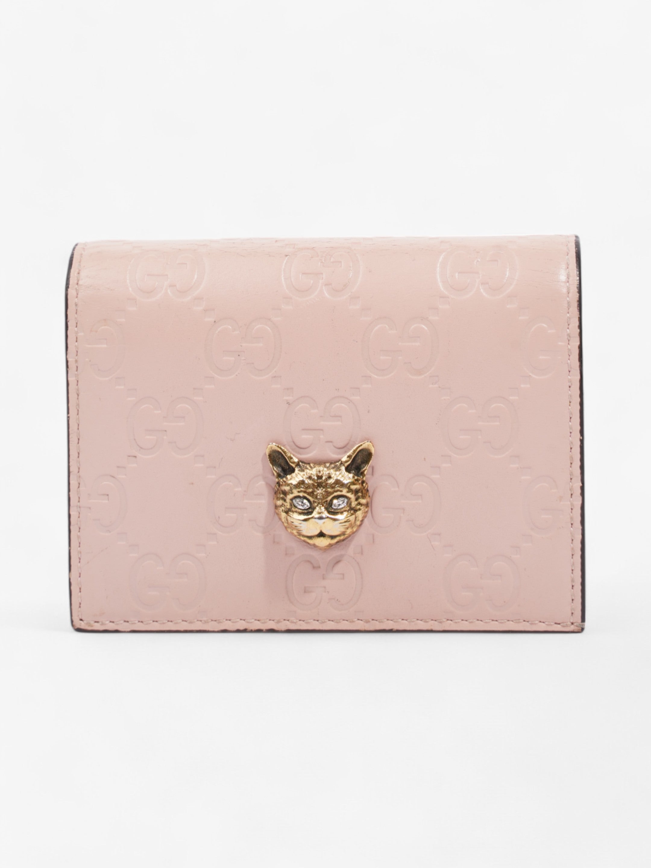 Gucci Guccissima Signature Crystal Cat  Case Wallet Light Candy Pink Calfskin Leather