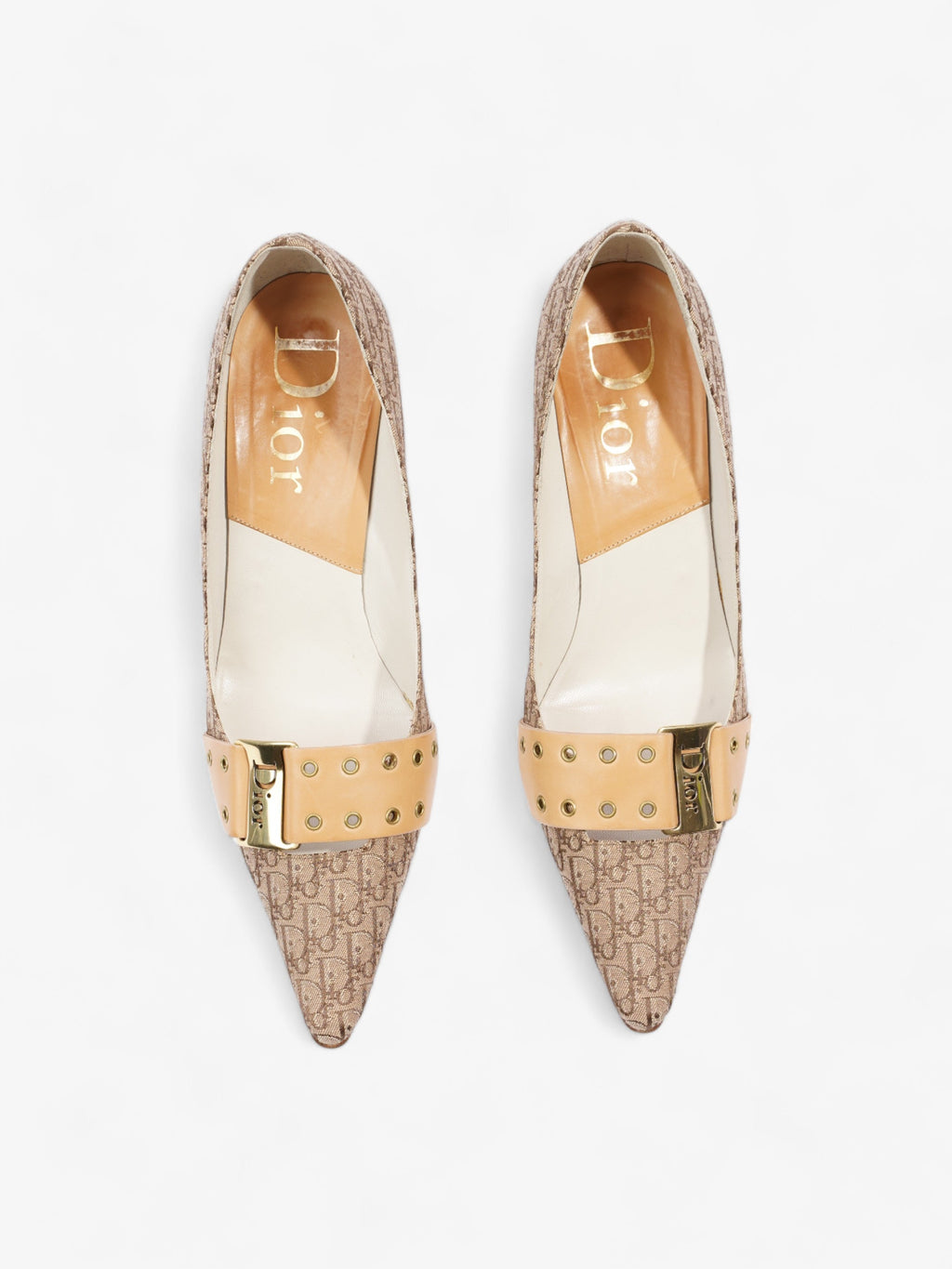 Christian Dior Buckle Logo Heels 70mm Beige Canvas EU 38 UK 5