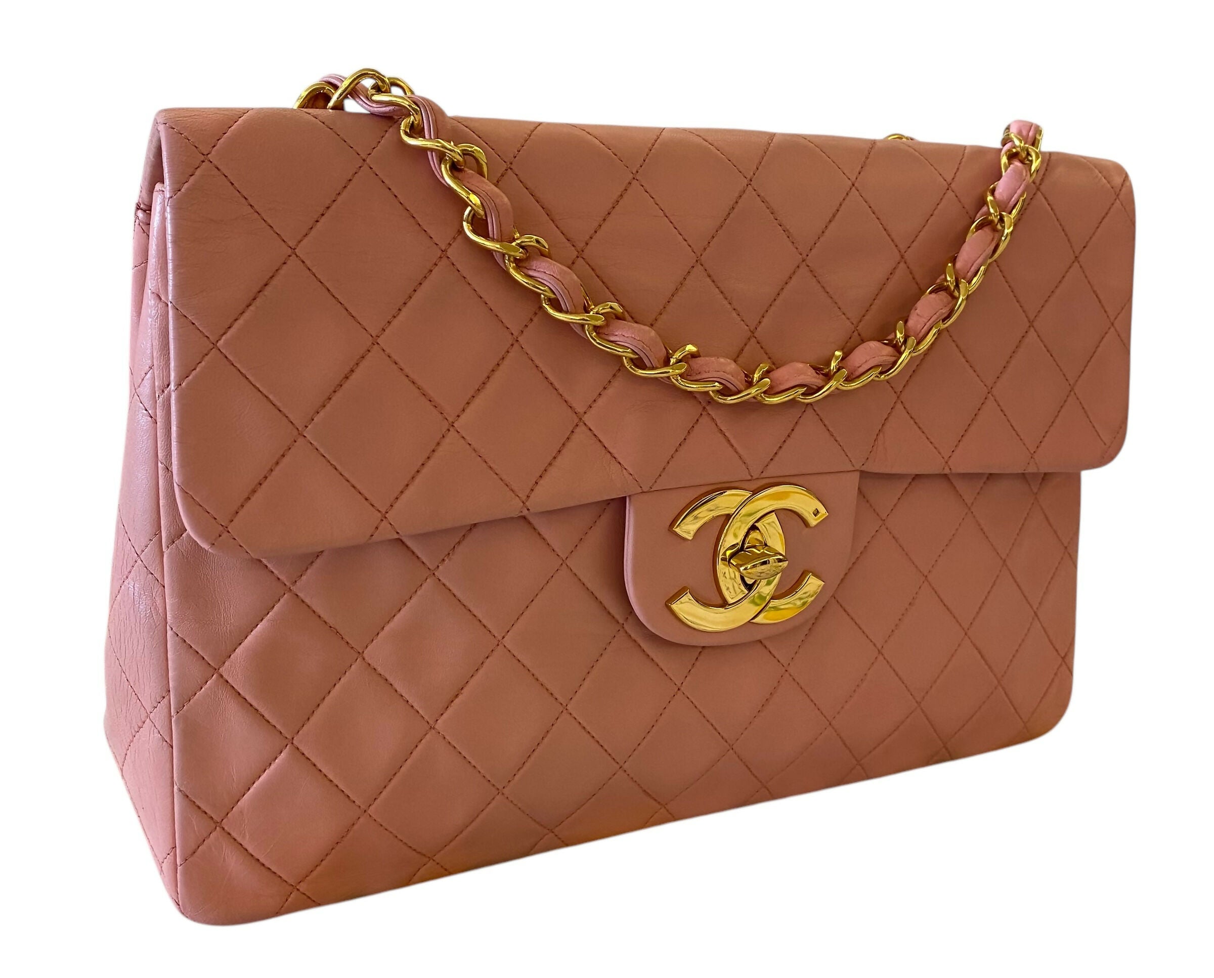 Chanel Vintage 90’s Barbie Pink Lambskin Maxi 24K Gold Hardware