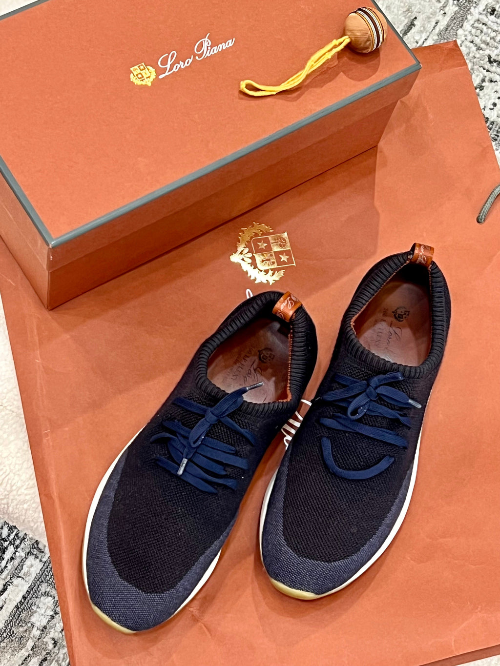 LORO PIANA NAVY KNIT FABRIC 360 LP FLEXY WALK LOW TOP SNEAKERS
