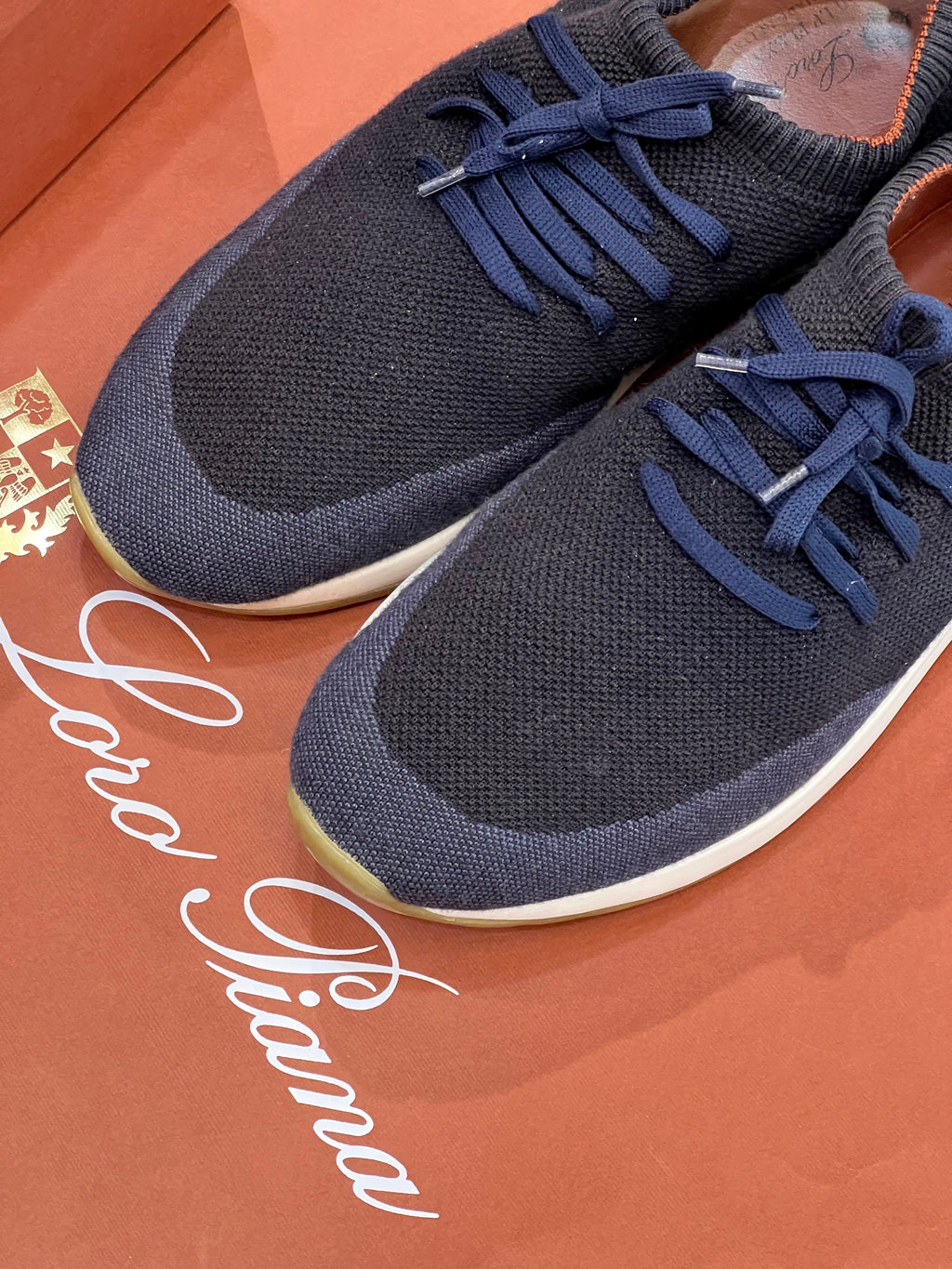 LORO PIANA NAVY KNIT FABRIC 360 LP FLEXY WALK LOW TOP SNEAKERS