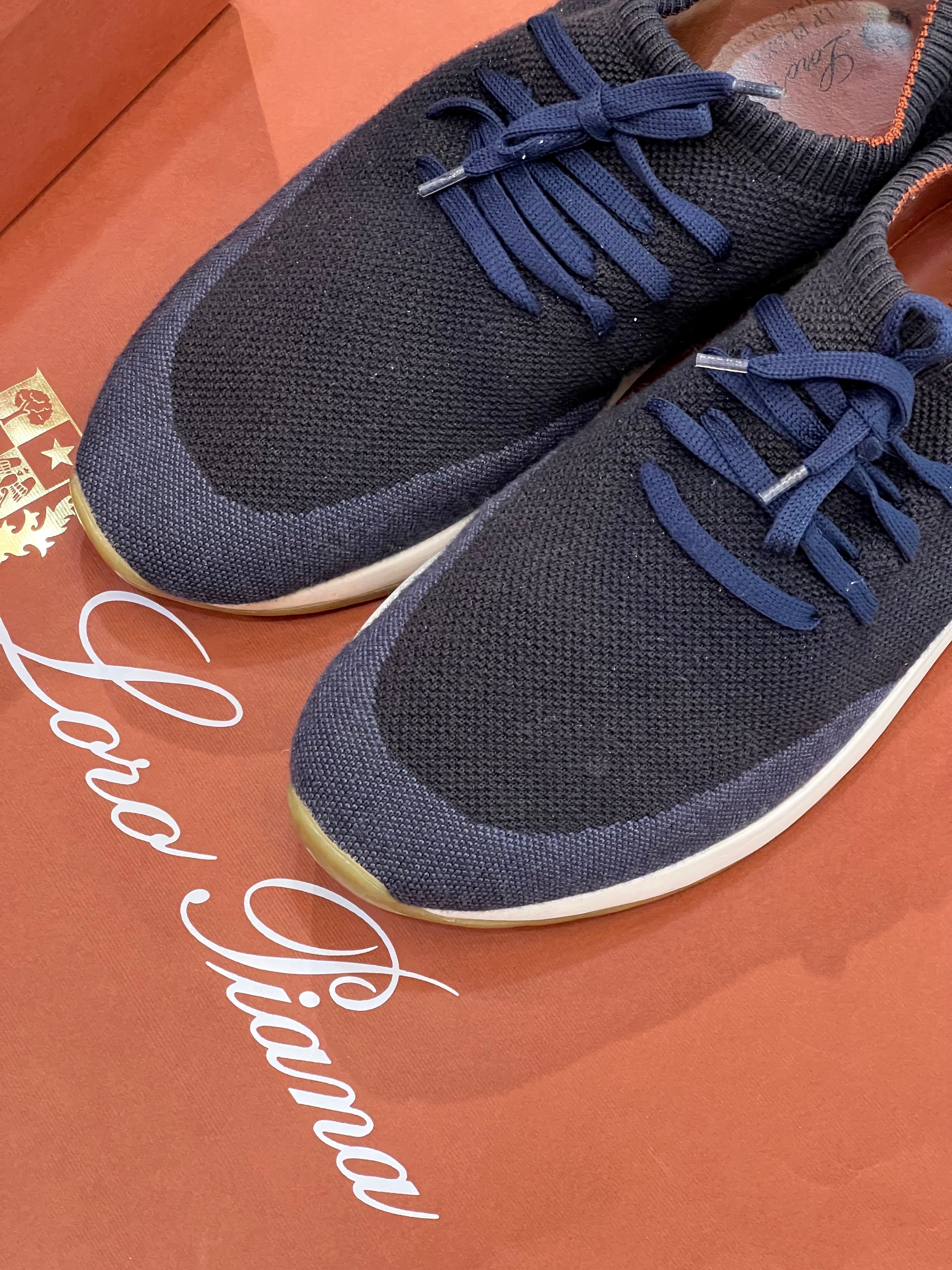 LORO PIANA NAVY KNIT FABRIC 360 LP FLEXY WALK LOW TOP SNEAKERS