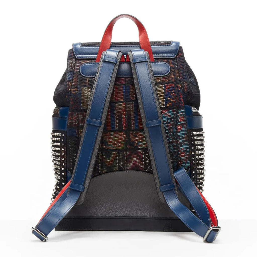 LOUBOUTIN EXPLORAFUNK STUDDED PRINTED MESH LEATHER TRIMMED BACKPACK