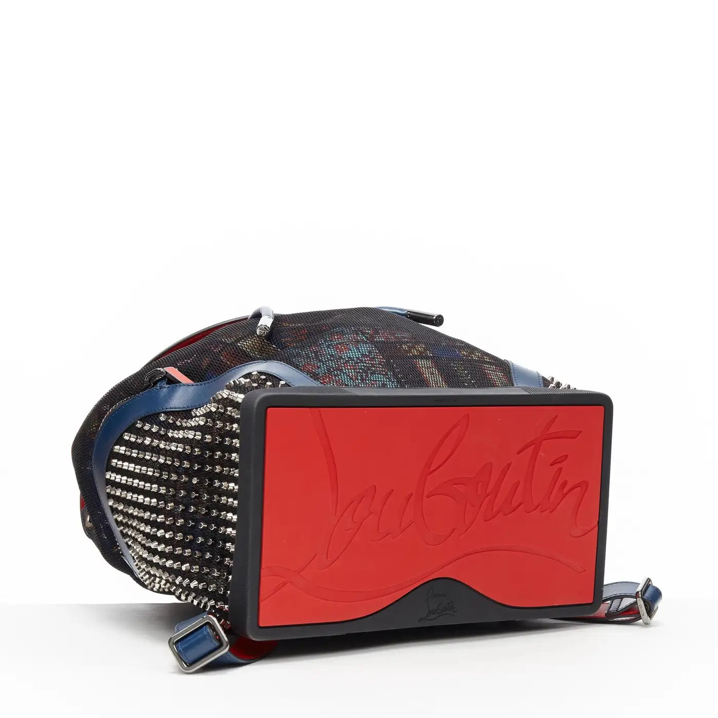 LOUBOUTIN EXPLORAFUNK STUDDED PRINTED MESH LEATHER TRIMMED BACKPACK