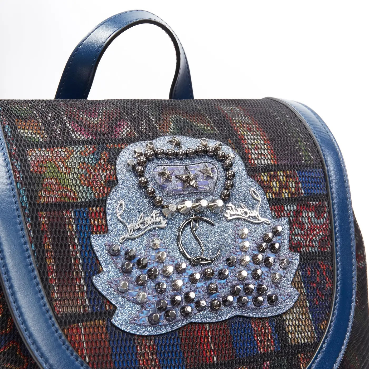 LOUBOUTIN EXPLORAFUNK STUDDED PRINTED MESH LEATHER TRIMMED BACKPACK