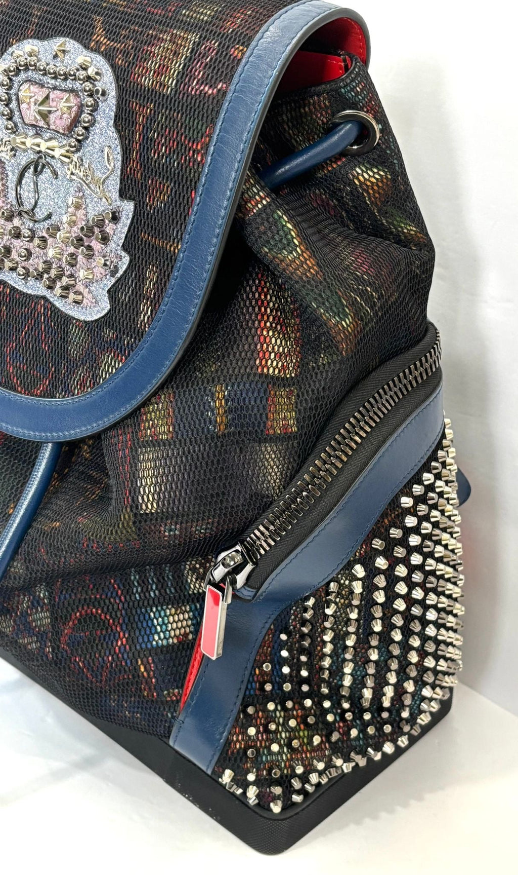 LOUBOUTIN EXPLORAFUNK STUDDED PRINTED MESH LEATHER TRIMMED BACKPACK