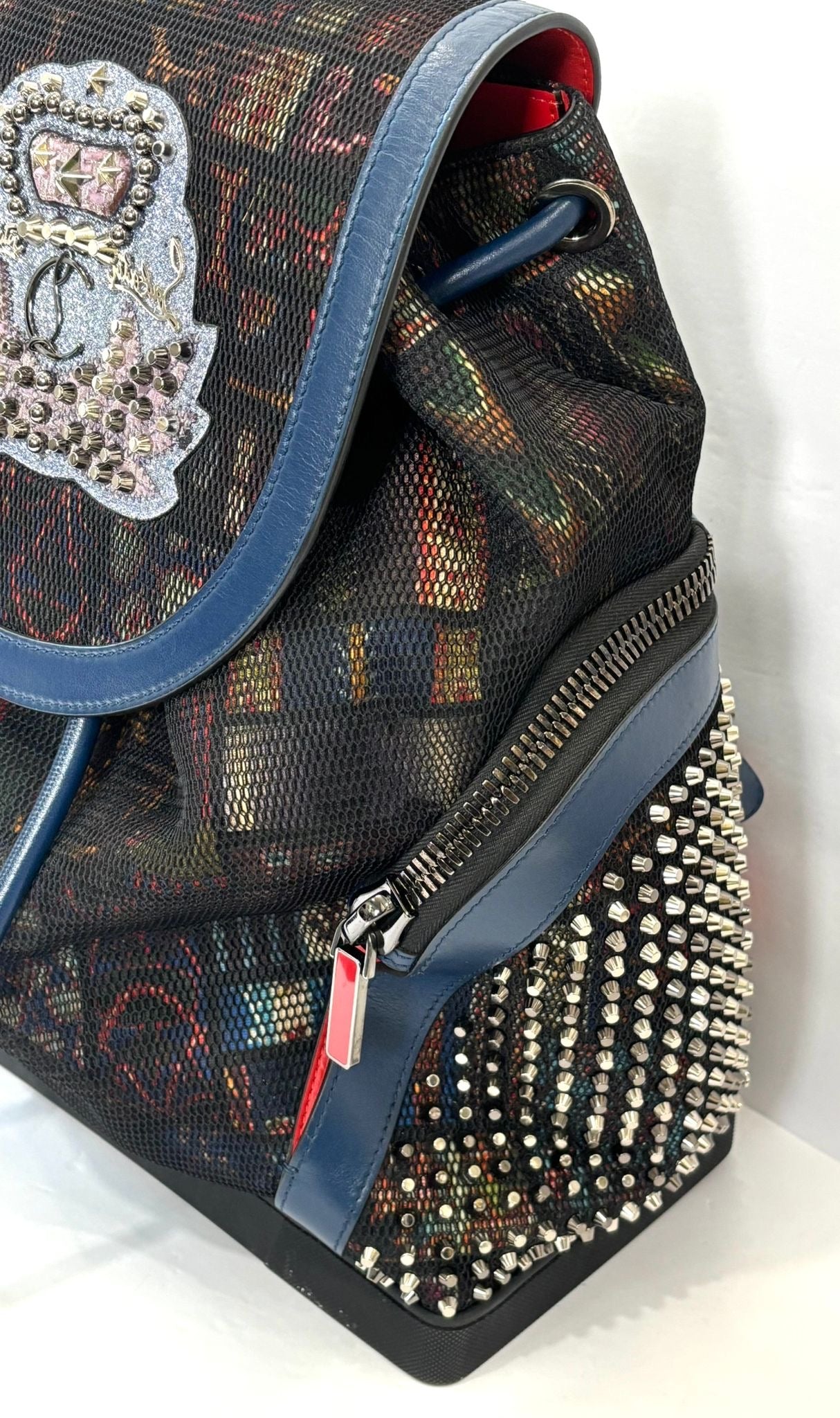 LOUBOUTIN EXPLORAFUNK STUDDED PRINTED MESH LEATHER TRIMMED BACKPACK