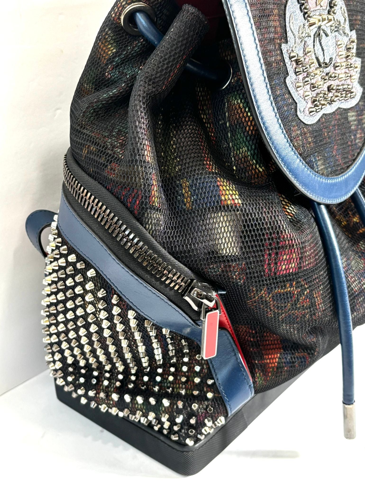 LOUBOUTIN EXPLORAFUNK STUDDED PRINTED MESH LEATHER TRIMMED BACKPACK