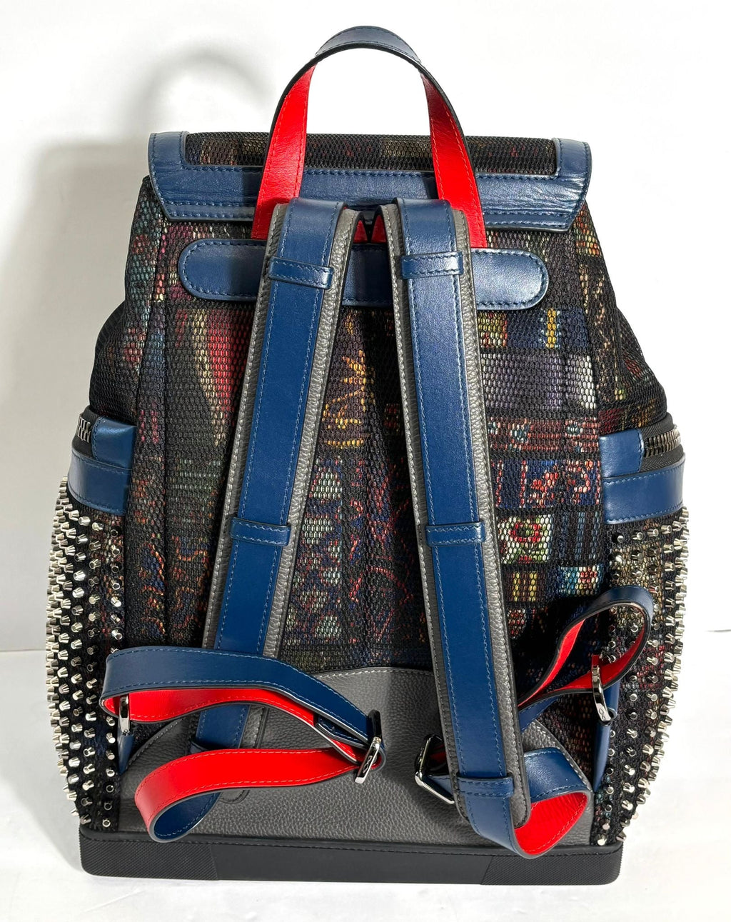 LOUBOUTIN EXPLORAFUNK STUDDED PRINTED MESH LEATHER TRIMMED BACKPACK