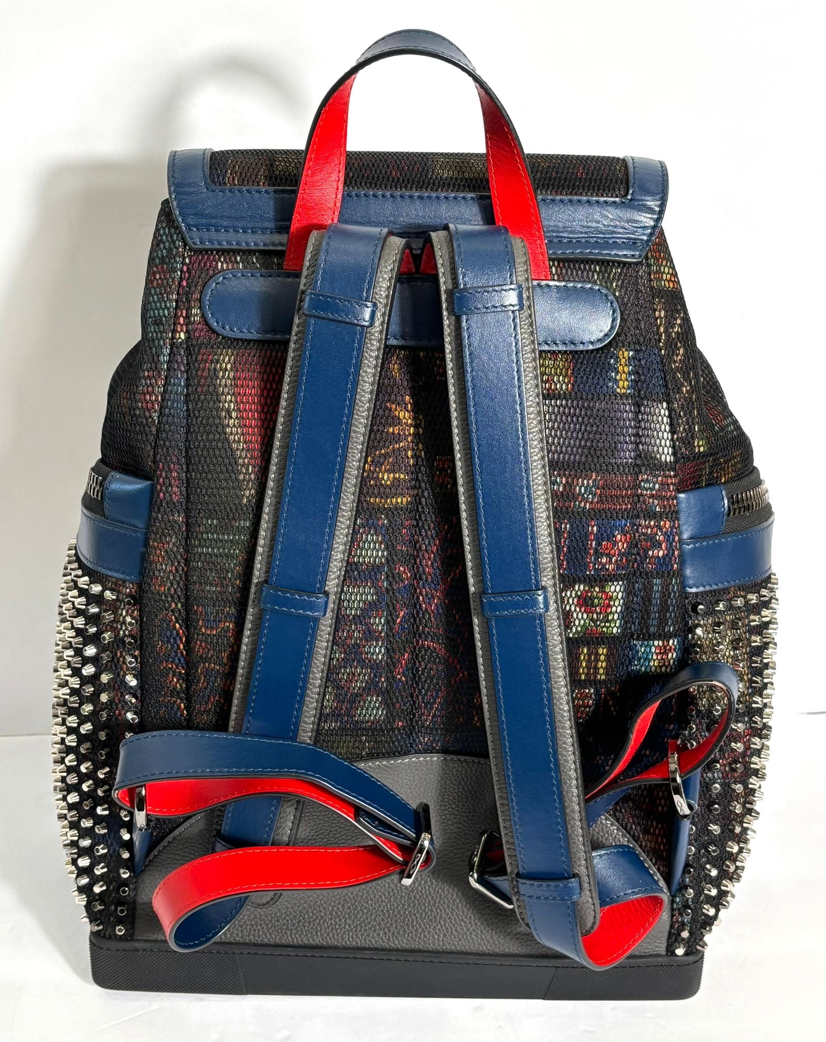 LOUBOUTIN EXPLORAFUNK STUDDED PRINTED MESH LEATHER TRIMMED BACKPACK