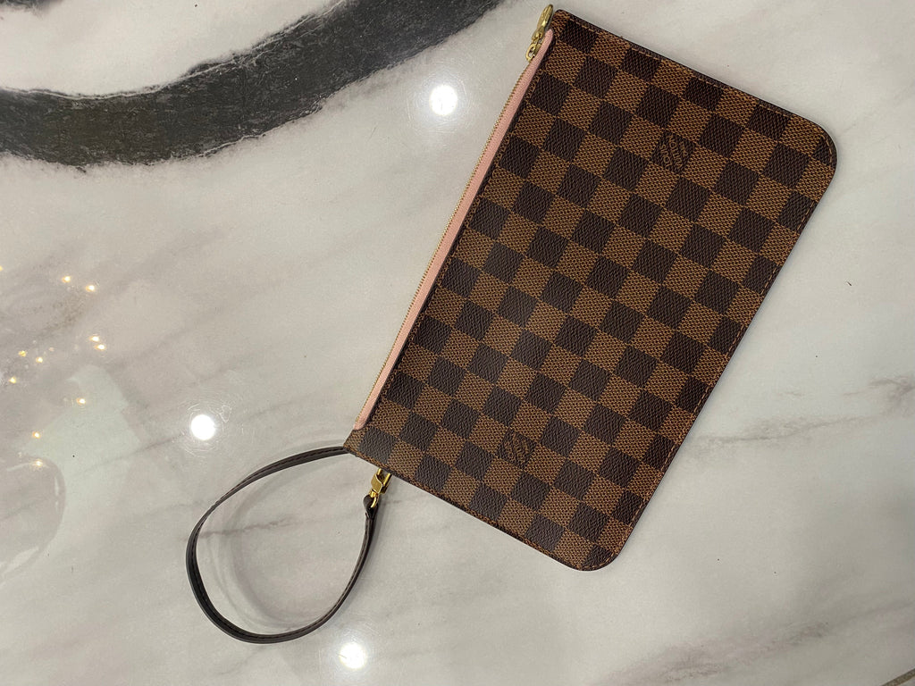 LOUIS VUITTON DAMIER EBENE NEVERFULL MM GM POCHETTE ROSE BALLERINE