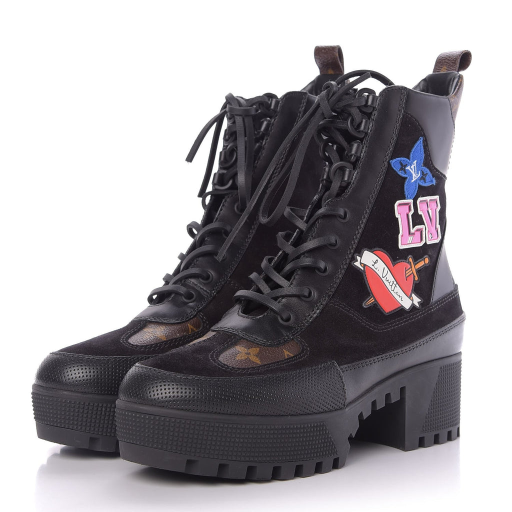 LOUIS VUITTON CALFSKIN MONOGRAM LV HEART LAUREATE PLATFORM DESERT BOOTS