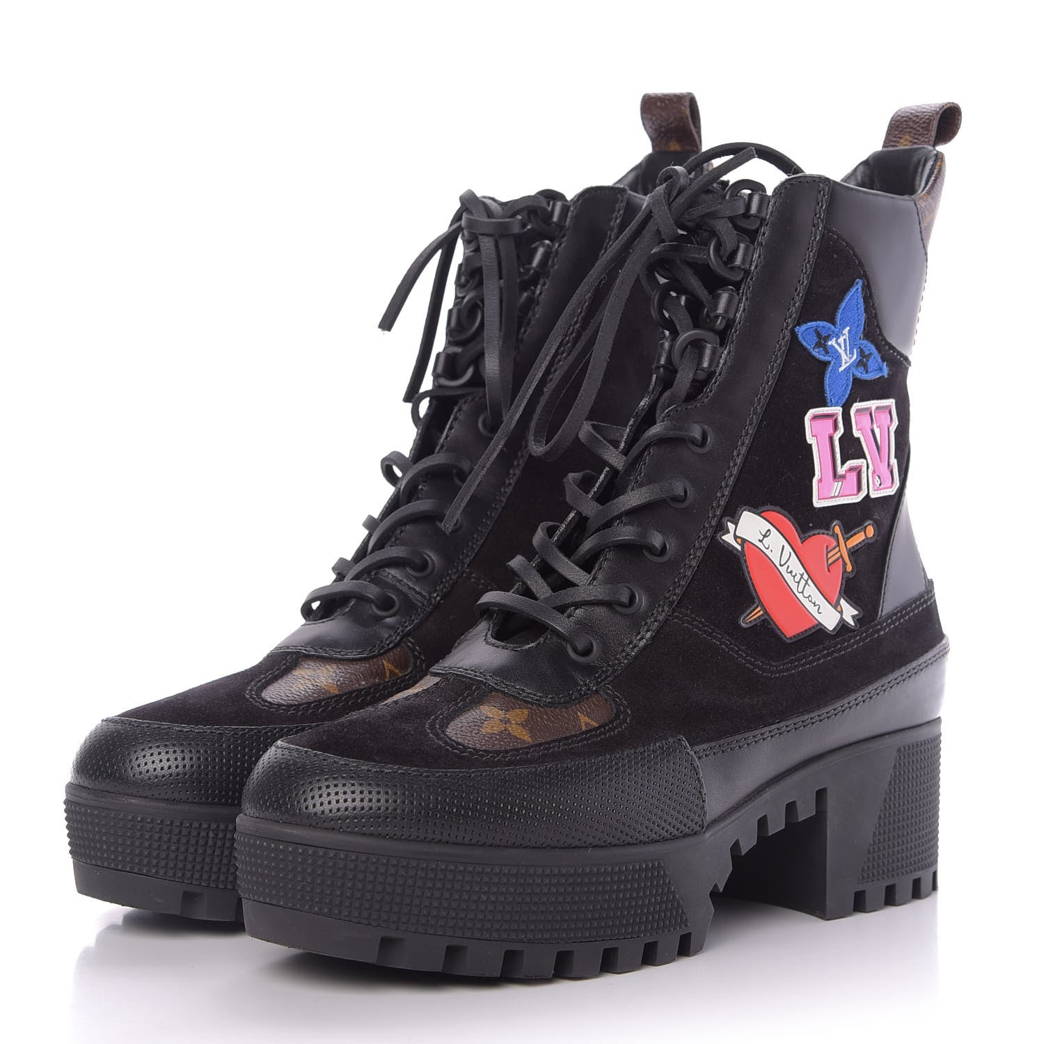 LOUIS VUITTON CALFSKIN MONOGRAM LV HEART LAUREATE PLATFORM DESERT BOOTS
