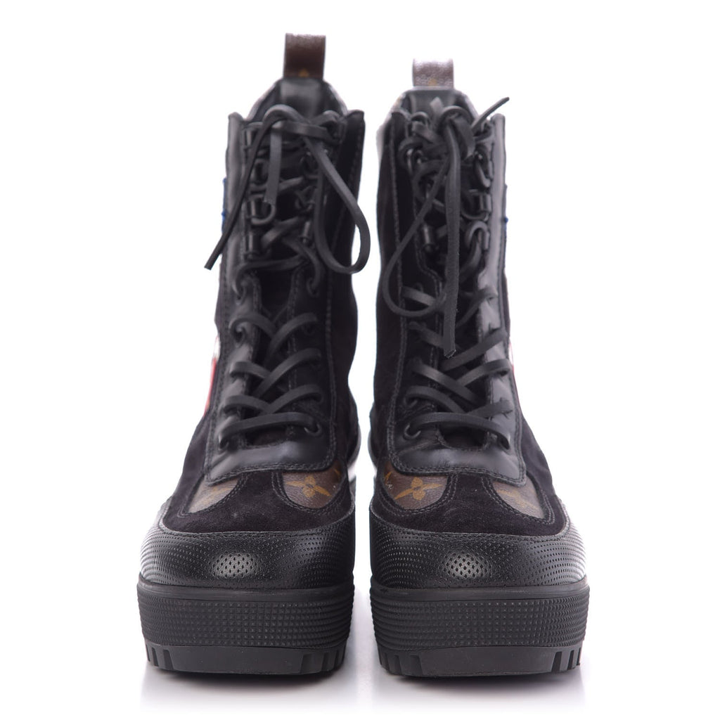 LOUIS VUITTON CALFSKIN MONOGRAM LV HEART LAUREATE PLATFORM DESERT BOOTS
