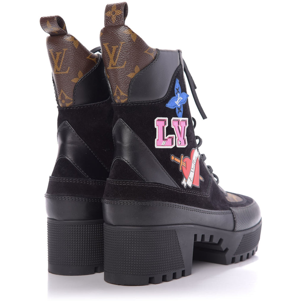 LOUIS VUITTON CALFSKIN MONOGRAM LV HEART LAUREATE PLATFORM DESERT BOOTS