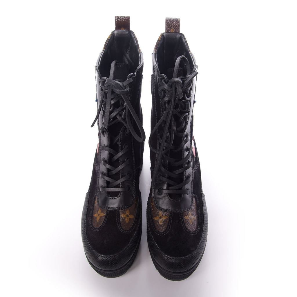 LOUIS VUITTON CALFSKIN MONOGRAM LV HEART LAUREATE PLATFORM DESERT BOOTS