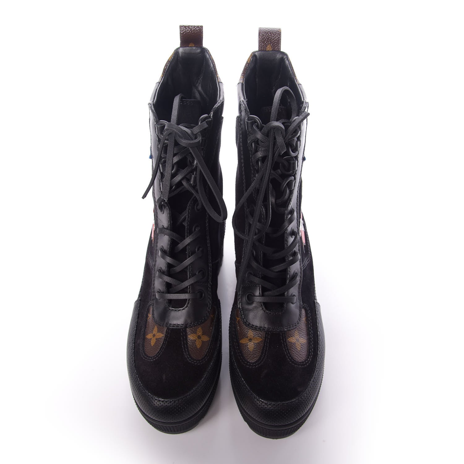 LOUIS VUITTON CALFSKIN MONOGRAM LV HEART LAUREATE PLATFORM DESERT BOOTS