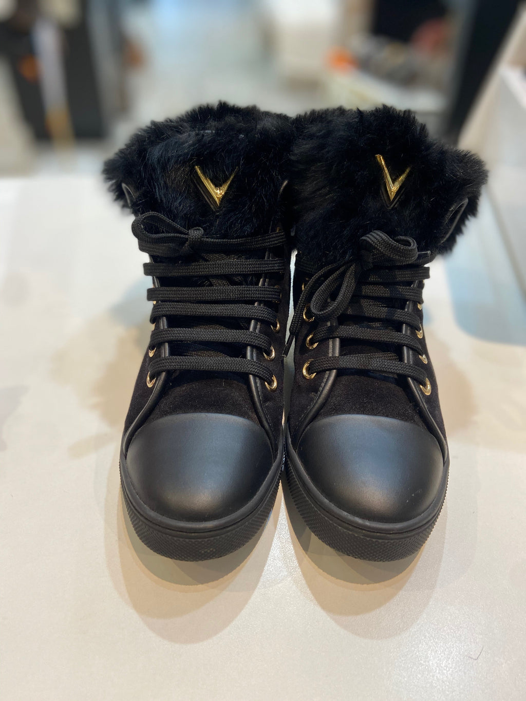 LOUIS VUITTON SUEDE RABBIT FUR HIGH-TOP SNEAKERS
