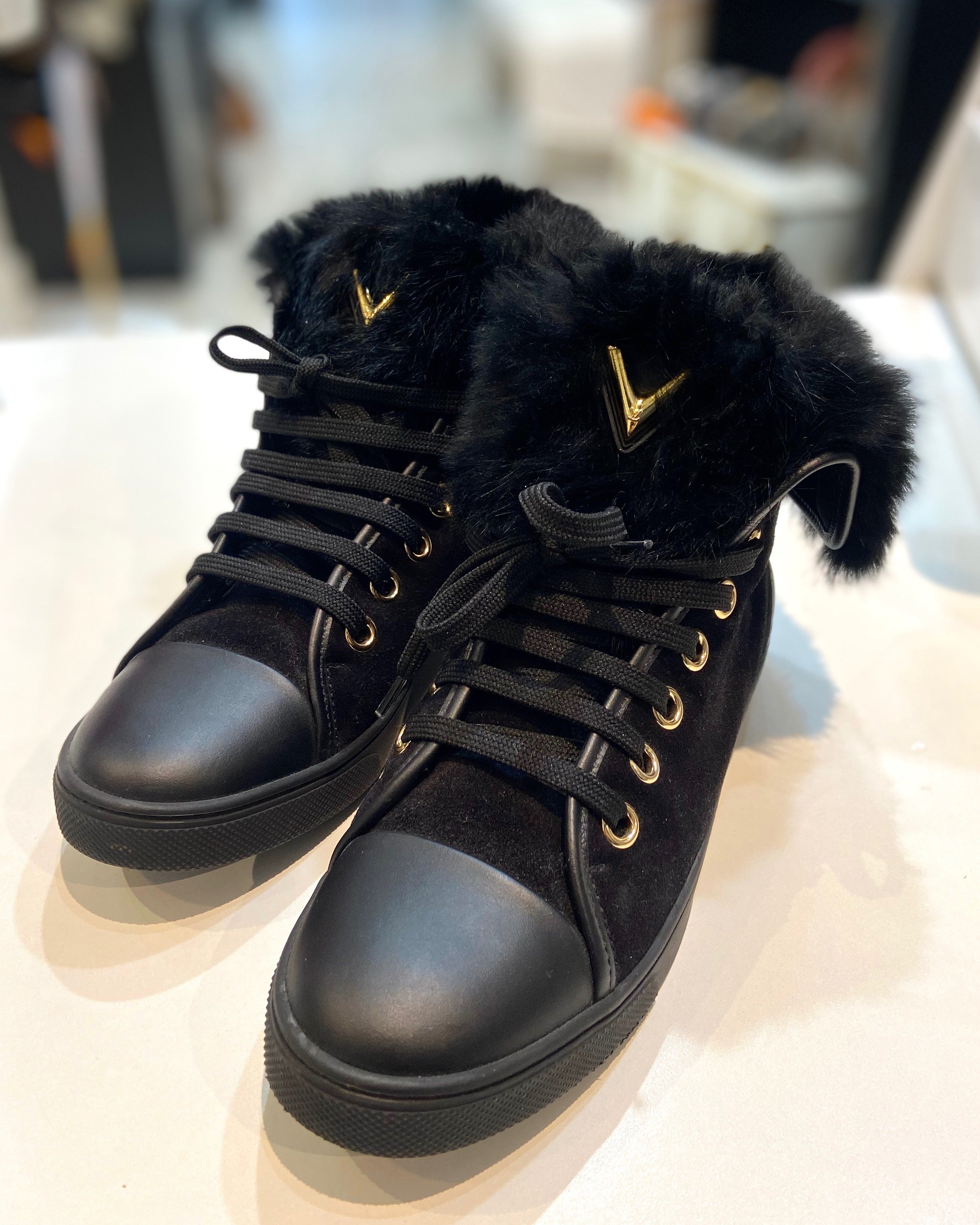 LOUIS VUITTON SUEDE RABBIT FUR HIGH-TOP SNEAKERS