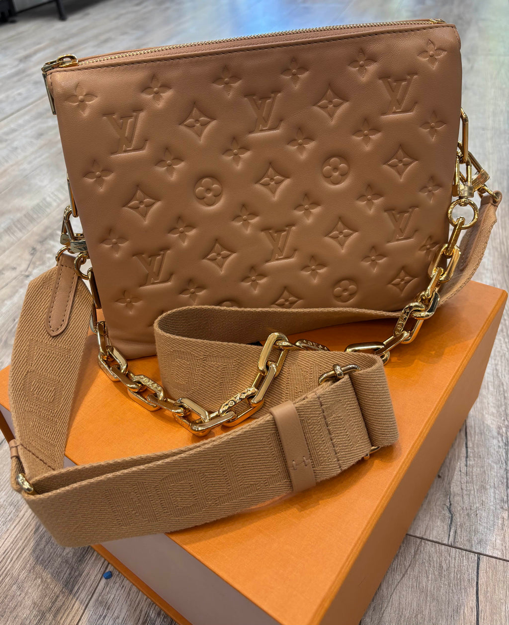 LOUIS VUITTON LAMBSKIN EMBOSSED MONOGRAM COUSSIN PM BAG