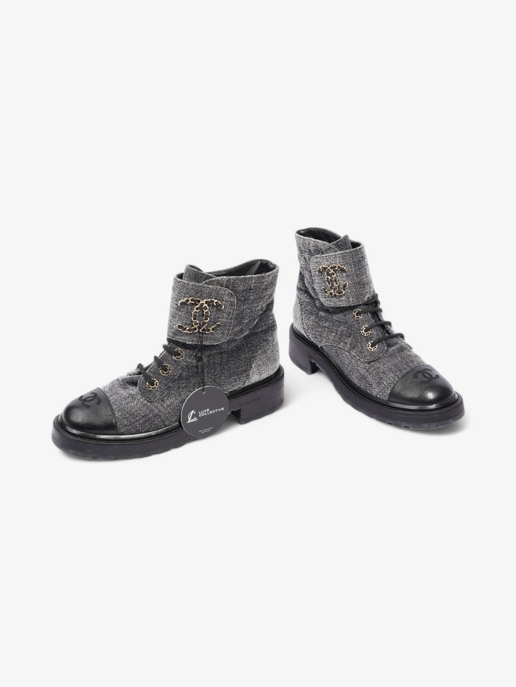 Chanel CC Toe Cap Lace Up Boots Navy / White / Black Cloth EU 39.5 UK 6.5