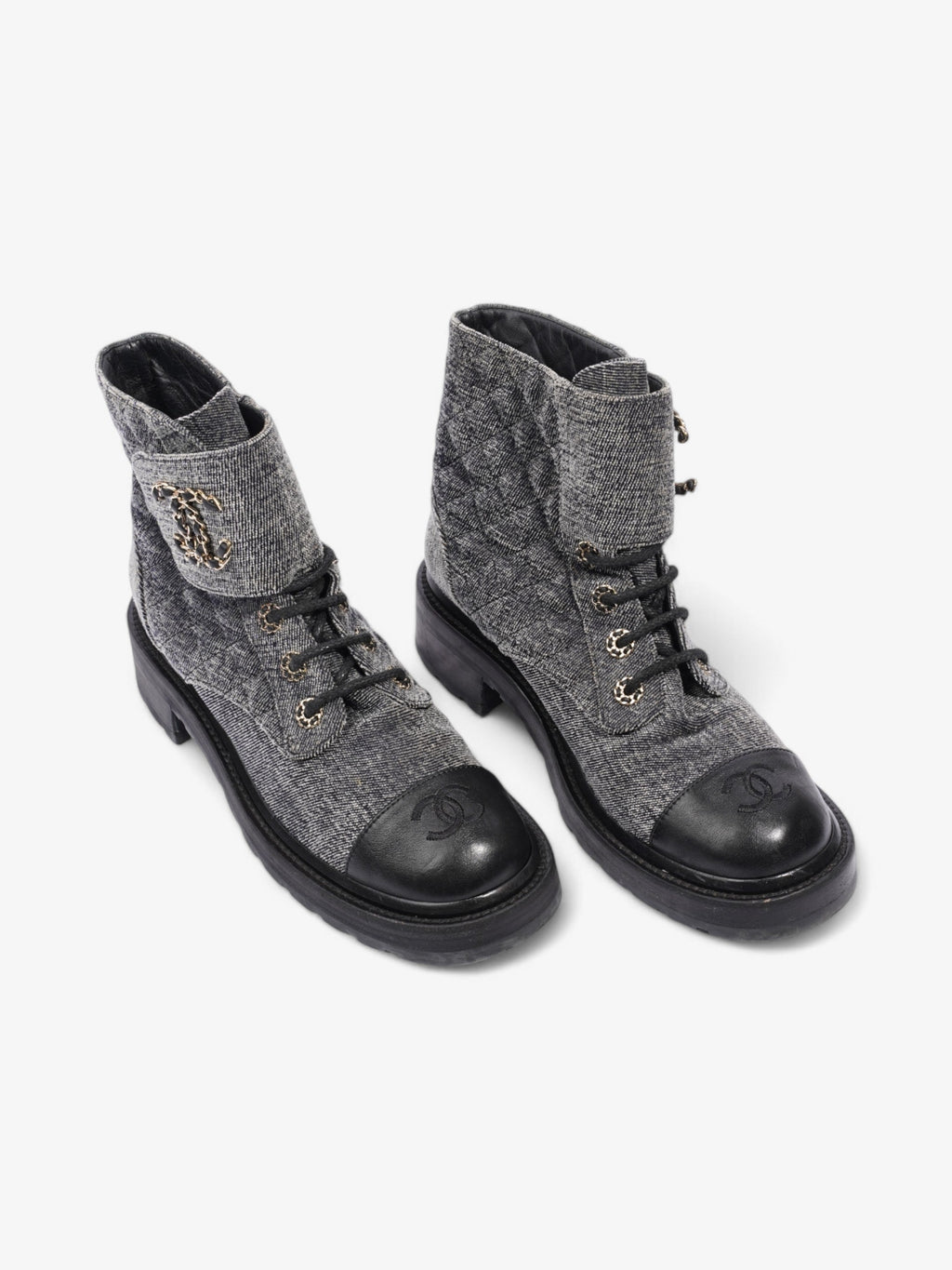 Chanel CC Toe Cap Lace Up Boots Navy / White / Black Cloth EU 39.5 UK 6.5