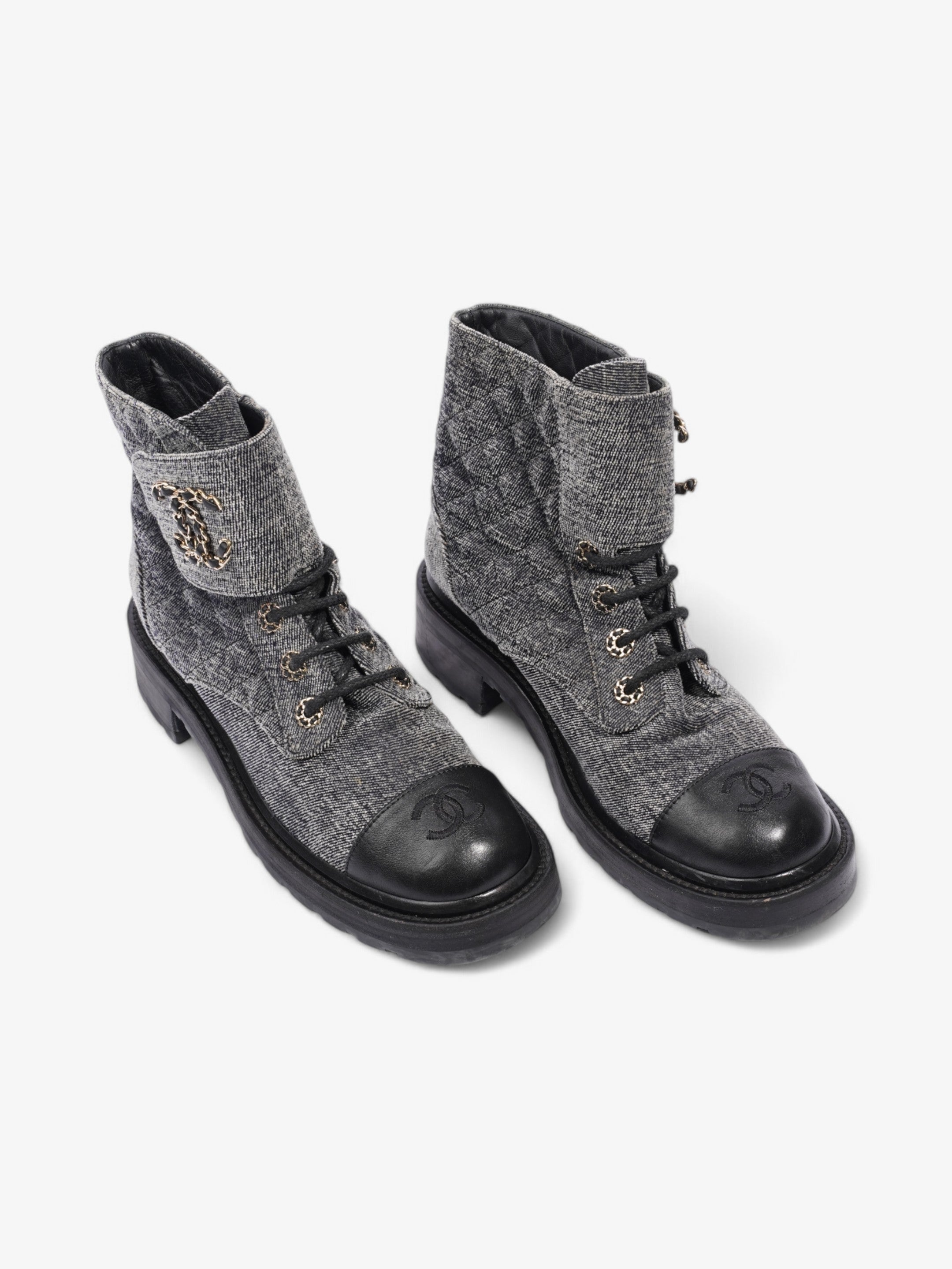 Chanel CC Toe Cap Lace Up Boots Navy / White / Black Cloth EU 39.5 UK 6.5