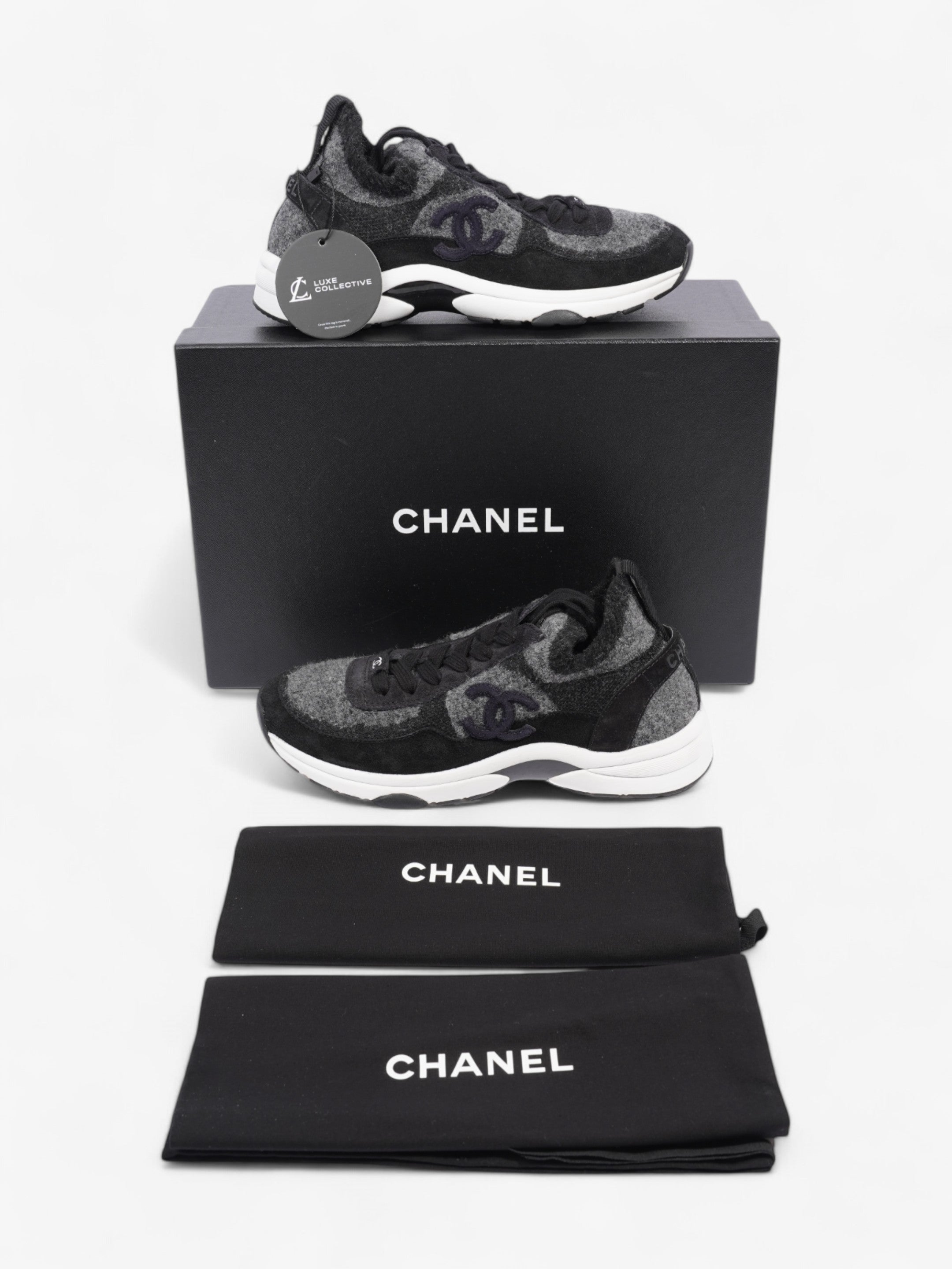 Chanel CC Logo Sneakers Grey / Black Wool EU 37 UK 4