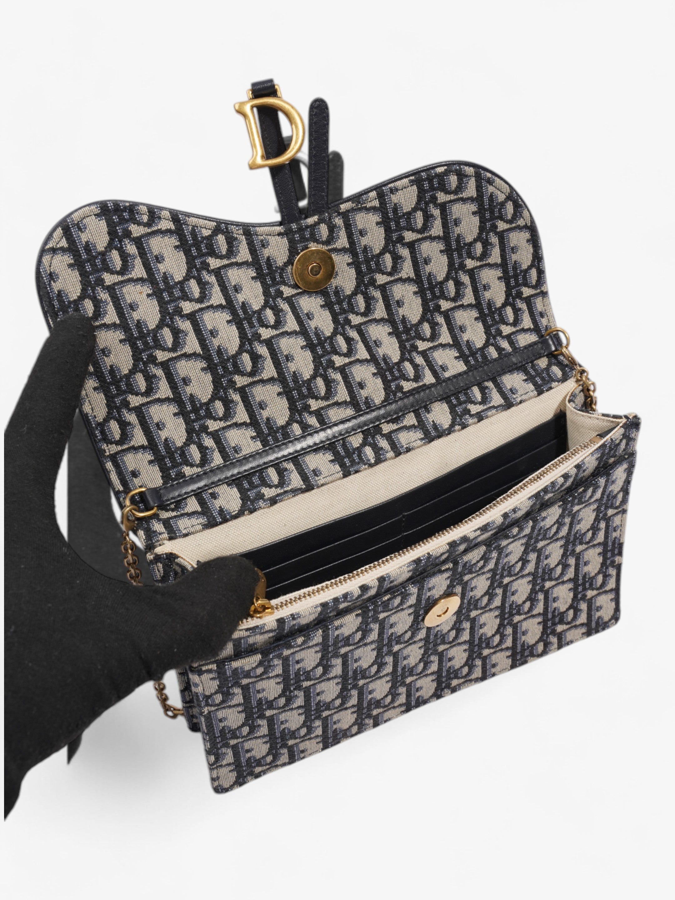 Christian Dior Saddle Pouch with Chain Blue Oblique Cotton Medium