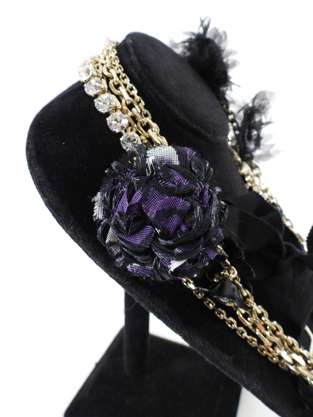 Louis Vuitton Vintage Fall 2005 Black and Purple Chain Crystal Flower Ribbon Necklace