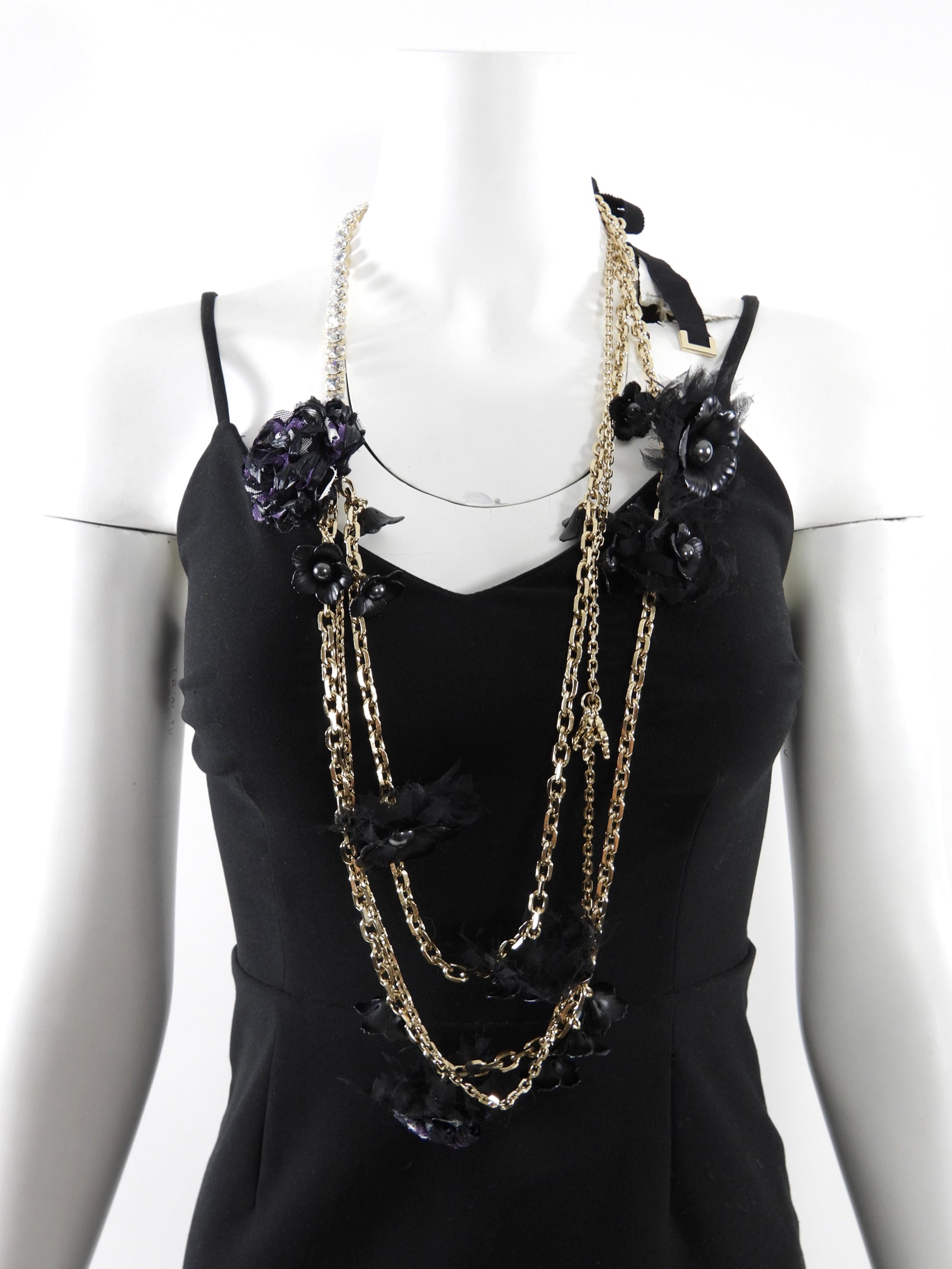 Louis Vuitton Vintage Fall 2005 Black and Purple Chain Crystal Flower Ribbon Necklace
