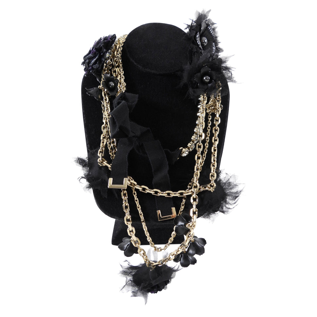 Louis Vuitton Vintage Fall 2005 Black and Purple Chain Crystal Flower Ribbon Necklace