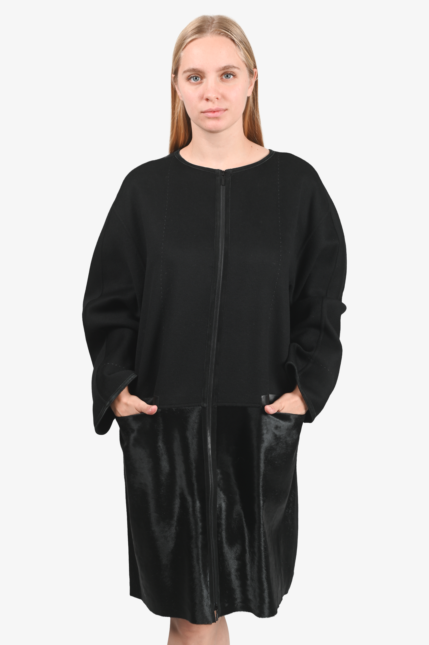 Lafayette 148 Black Wool Zip-Up Coat with Calf Hair Size XL
