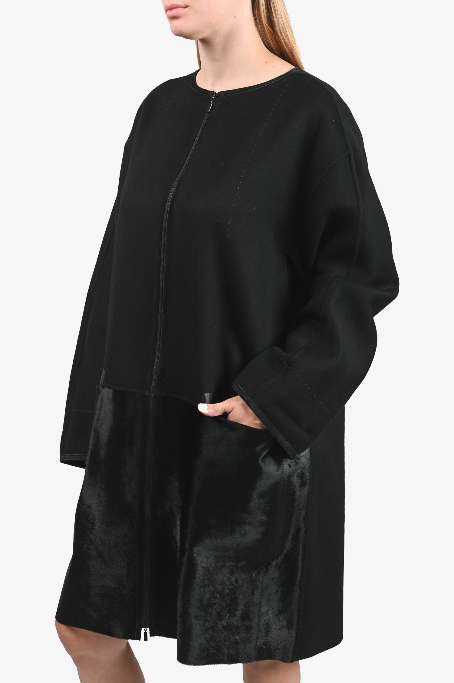 Lafayette 148 Black Wool Zip-Up Coat with Calf Hair Size XL