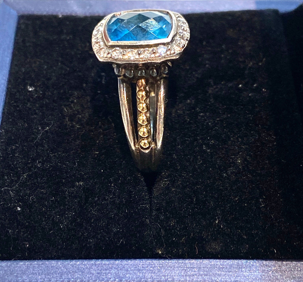 LAGOS SILVER 18K GOLD BLUE TOPAZ & DIAMONDS RING
