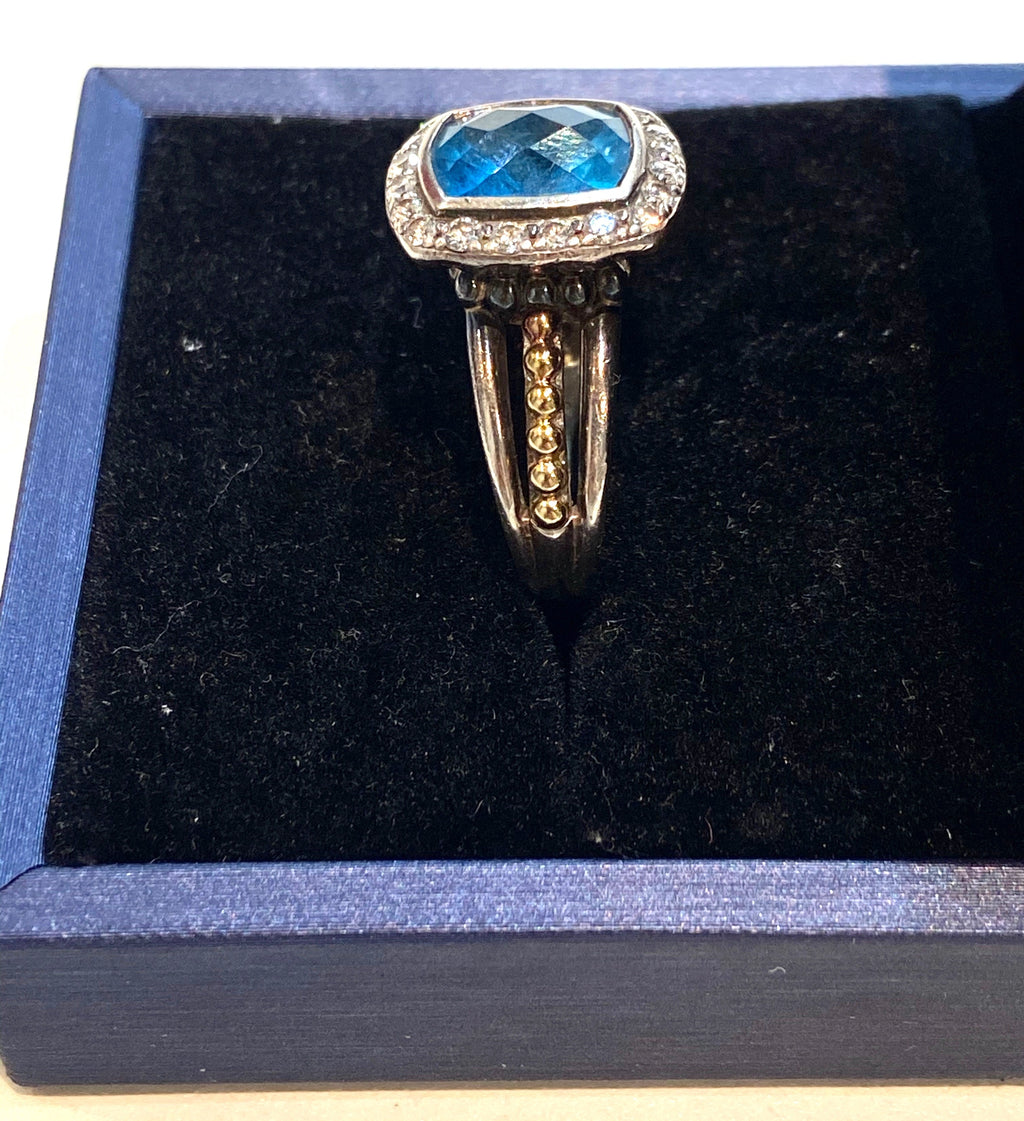 LAGOS SILVER 18K GOLD BLUE TOPAZ & DIAMONDS RING