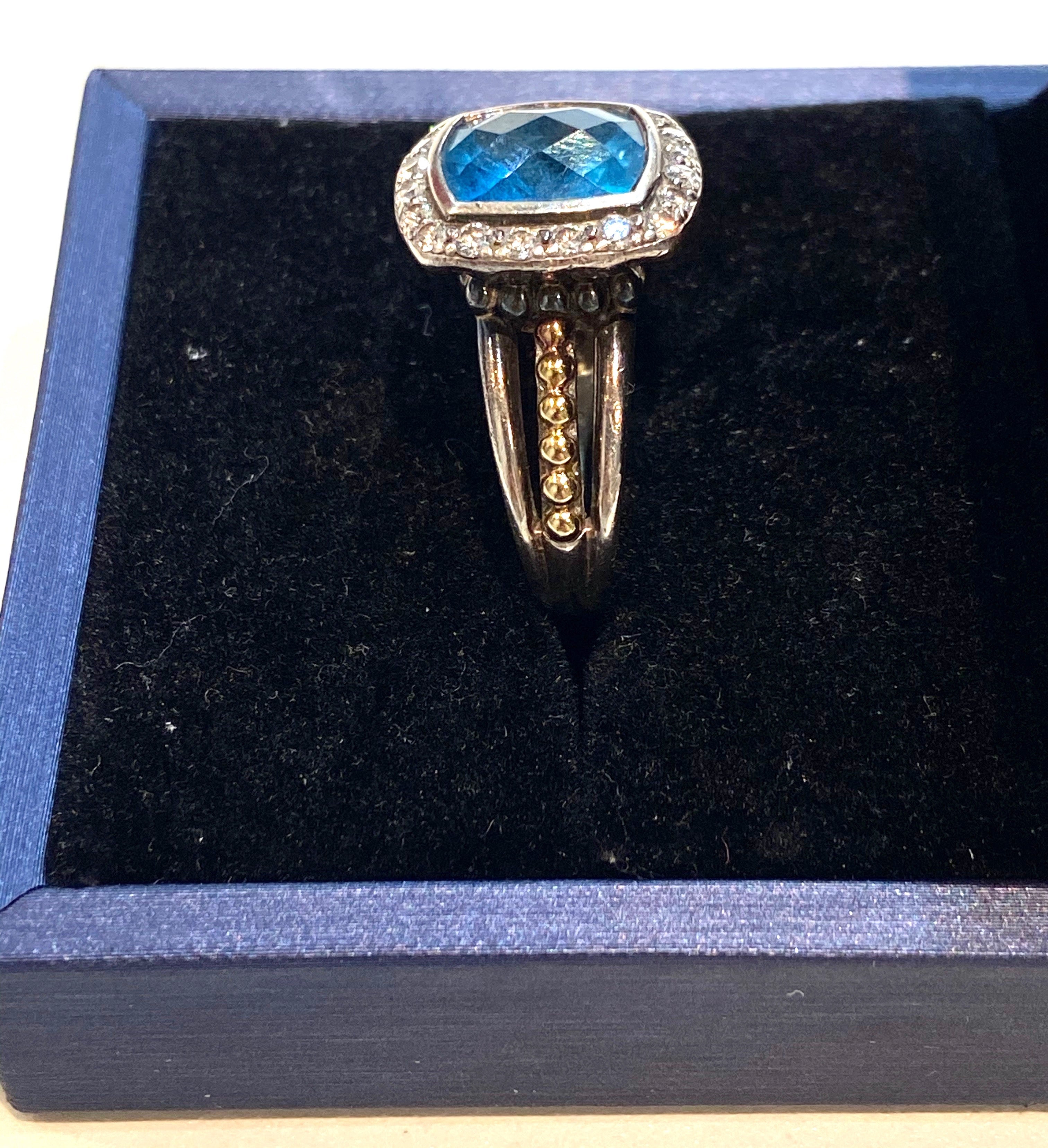 LAGOS SILVER 18K GOLD BLUE TOPAZ & DIAMONDS RING