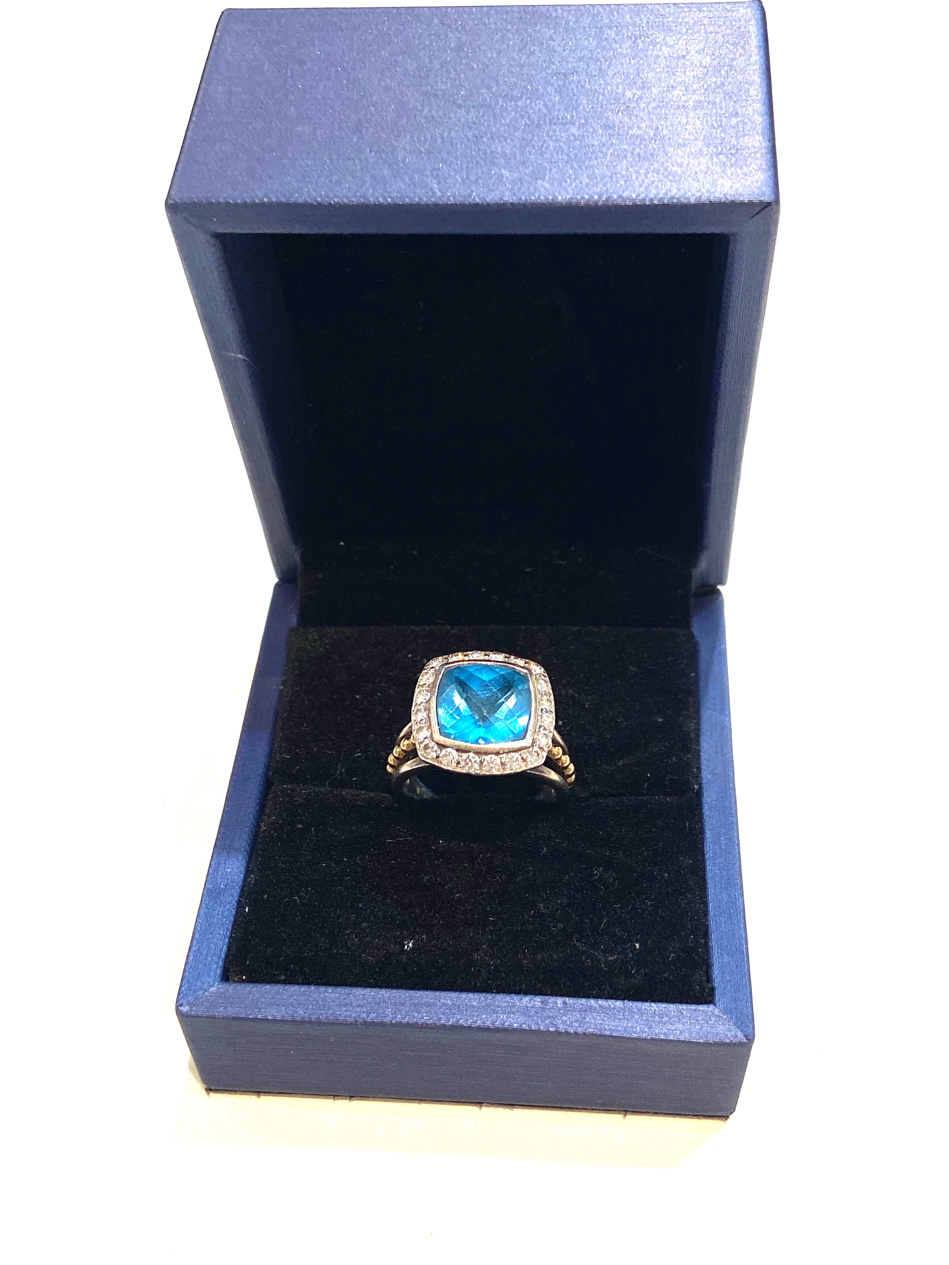 LAGOS SILVER 18K GOLD BLUE TOPAZ & DIAMONDS RING