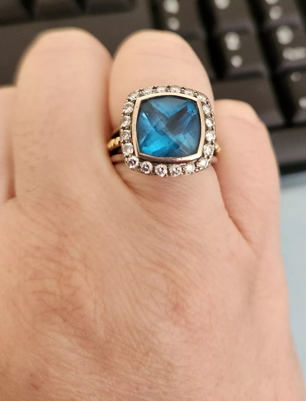 LAGOS SILVER 18K GOLD BLUE TOPAZ & DIAMONDS RING