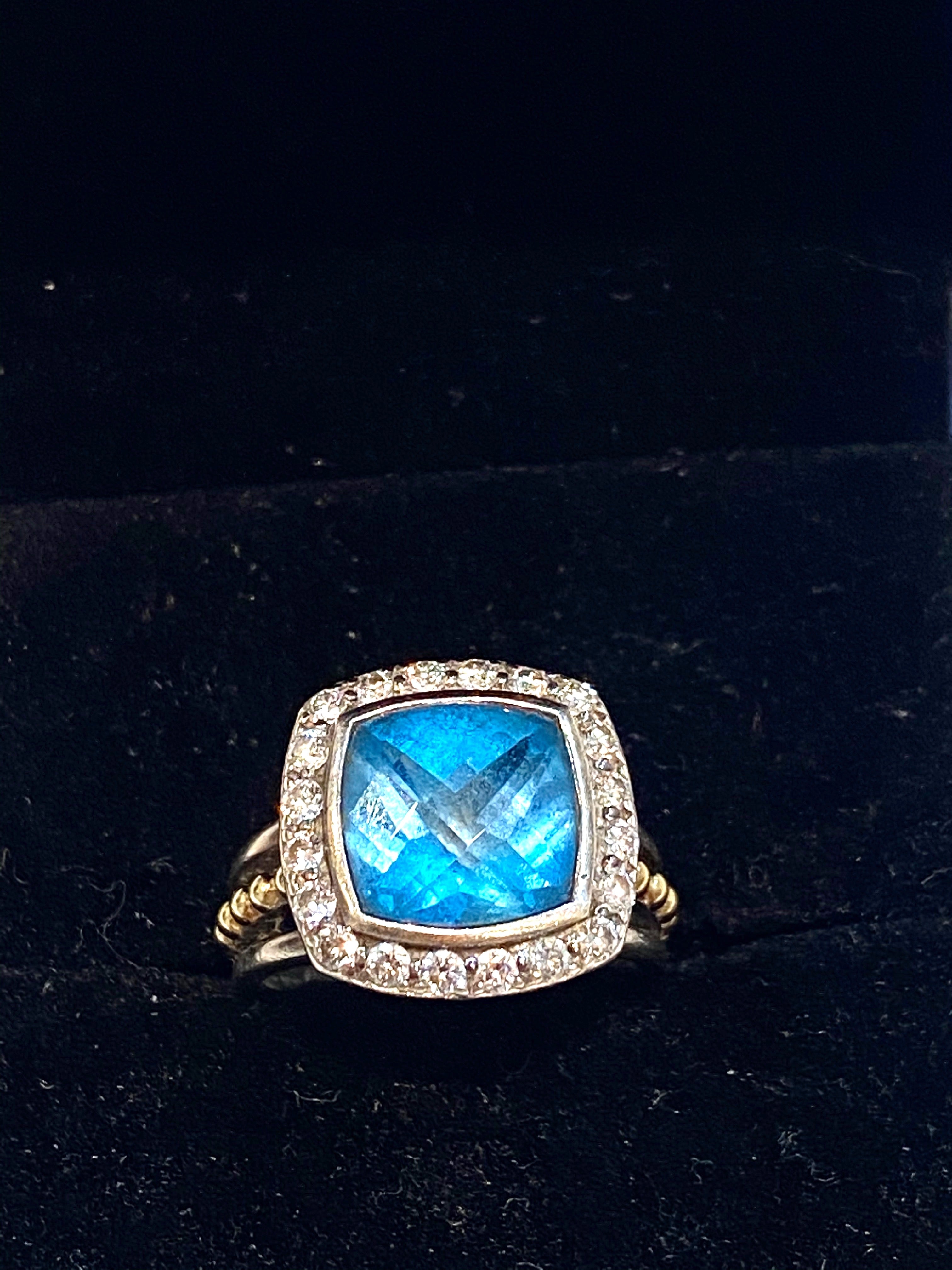 LAGOS SILVER 18K GOLD BLUE TOPAZ & DIAMONDS RING
