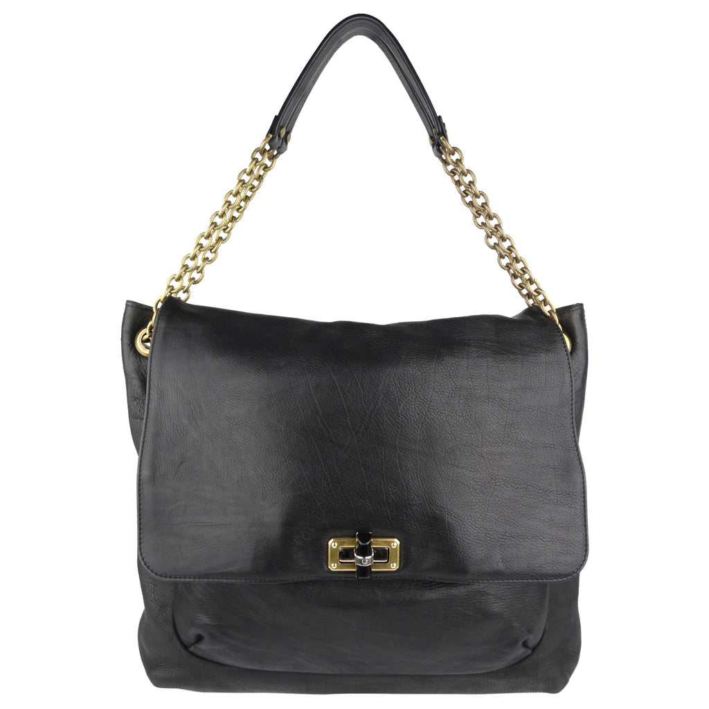 Lanvin Black Grained Leather Large Chain Flap Happy Bag