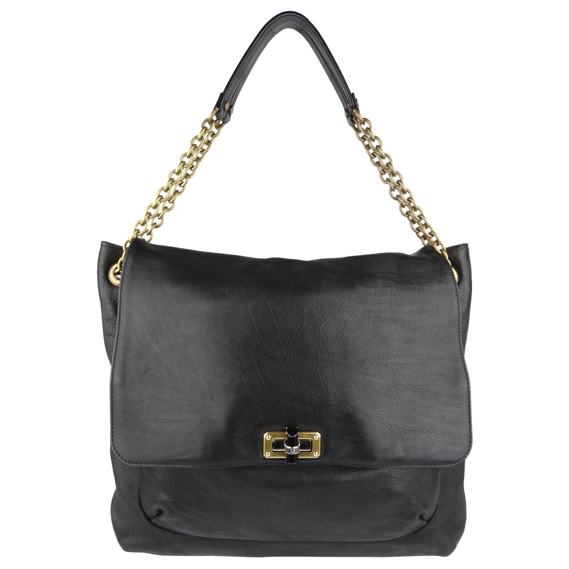 Lanvin Black Grained Leather Large Chain Flap Happy Bag
