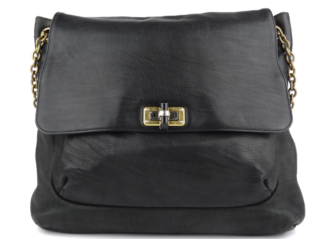Lanvin Black Grained Leather Large Chain Flap Happy Bag