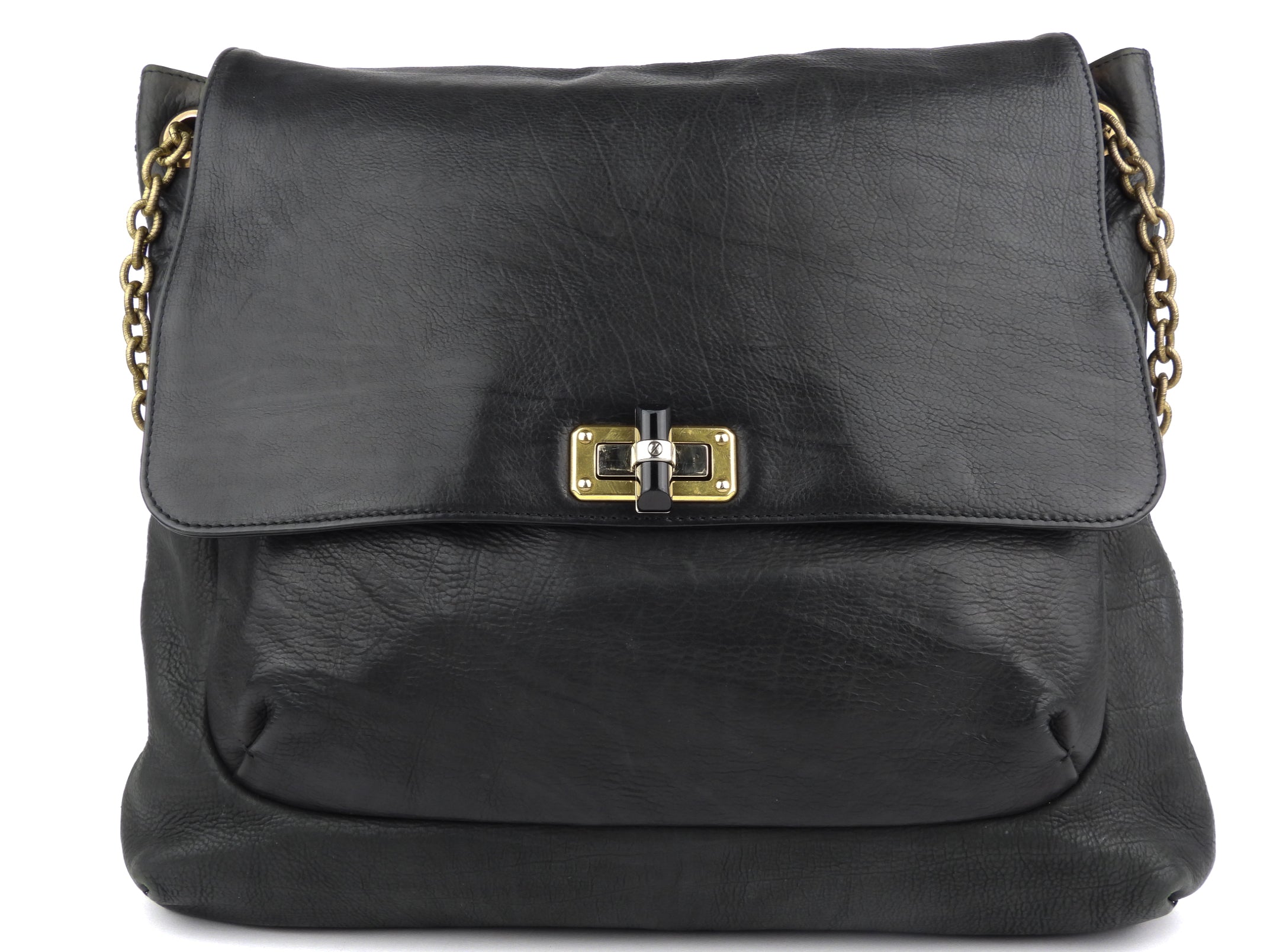 Lanvin Black Grained Leather Large Chain Flap Happy Bag