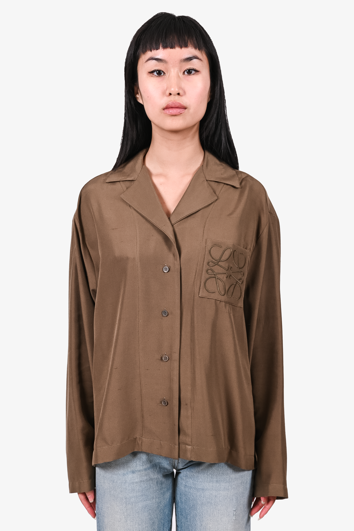 Loewe Green Silk Logo Embroidered Button-Down Shirt Size 40