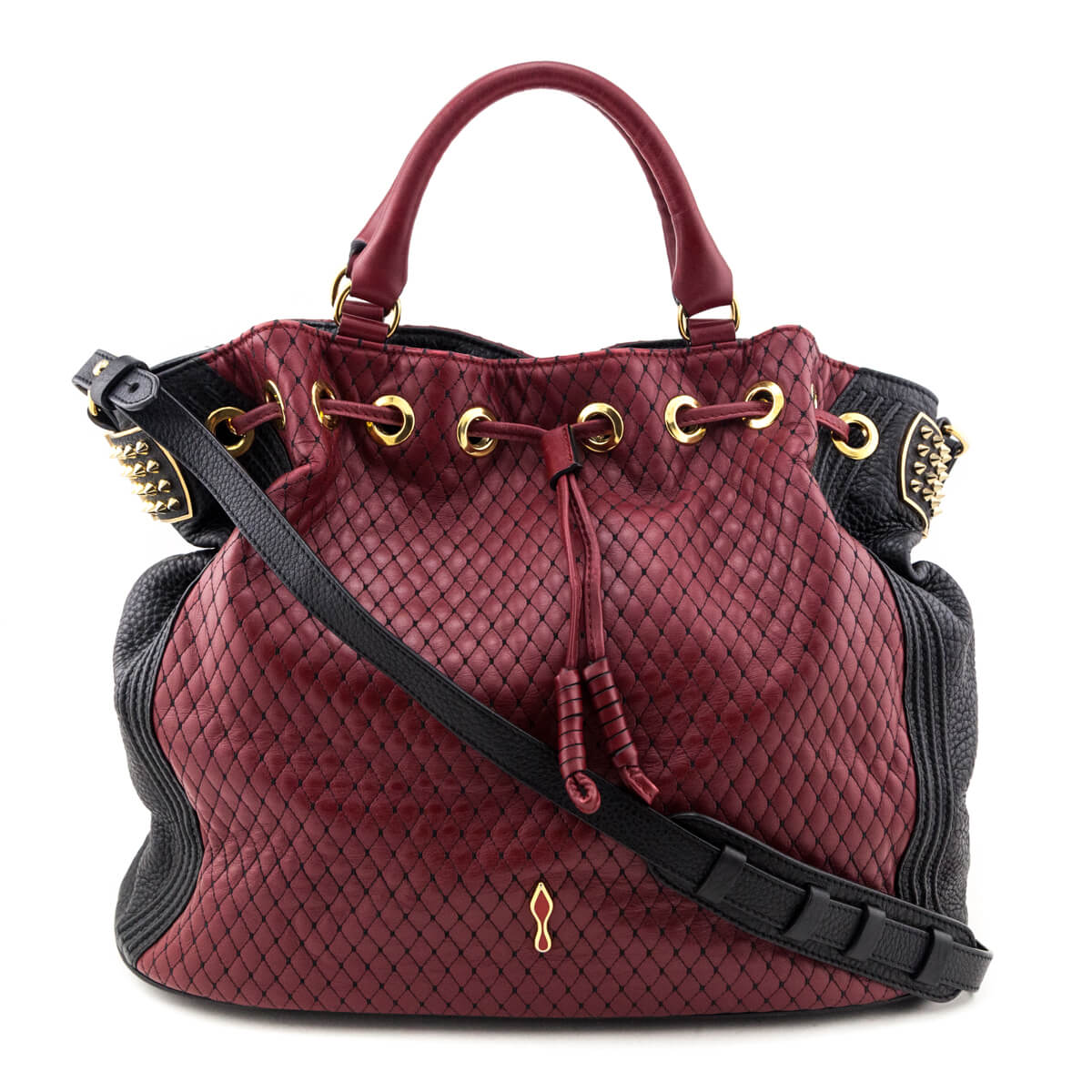Louboutin Red & Black Quilted Leather Dompteuse Spike Bucket Bag