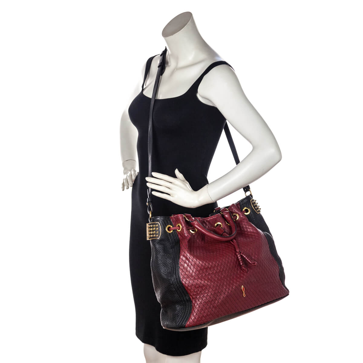 Louboutin Red & Black Quilted Leather Dompteuse Spike Bucket Bag