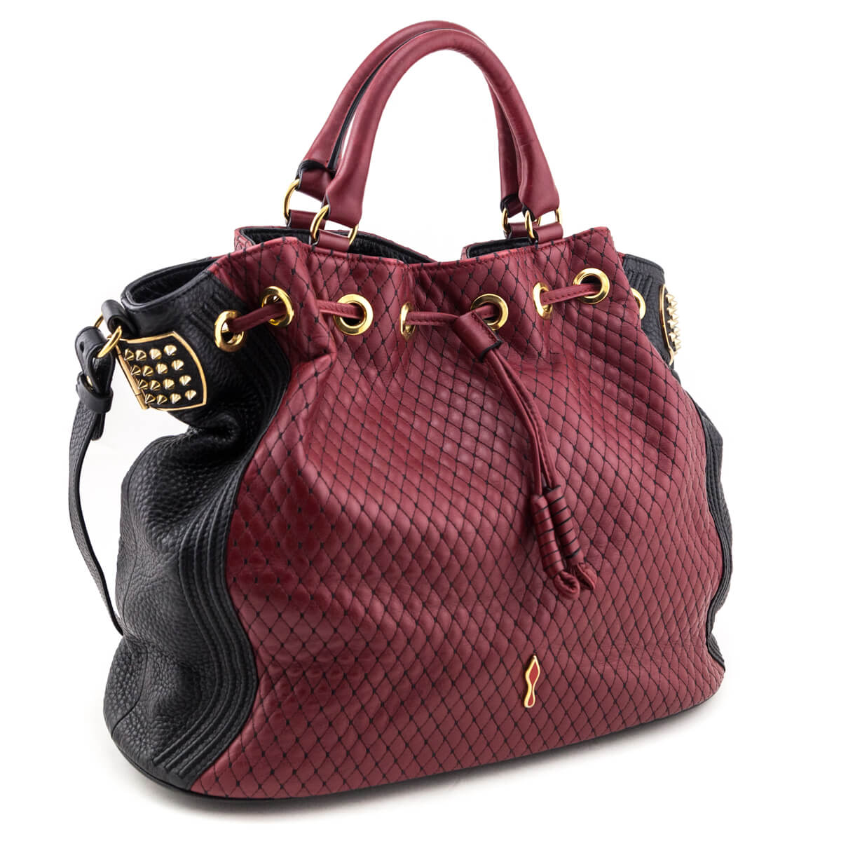 Louboutin Red & Black Quilted Leather Dompteuse Spike Bucket Bag