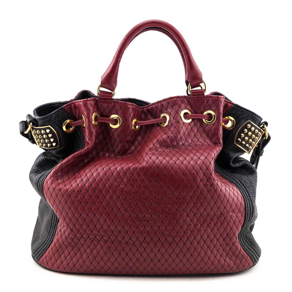 Louboutin Red & Black Quilted Leather Dompteuse Spike Bucket Bag
